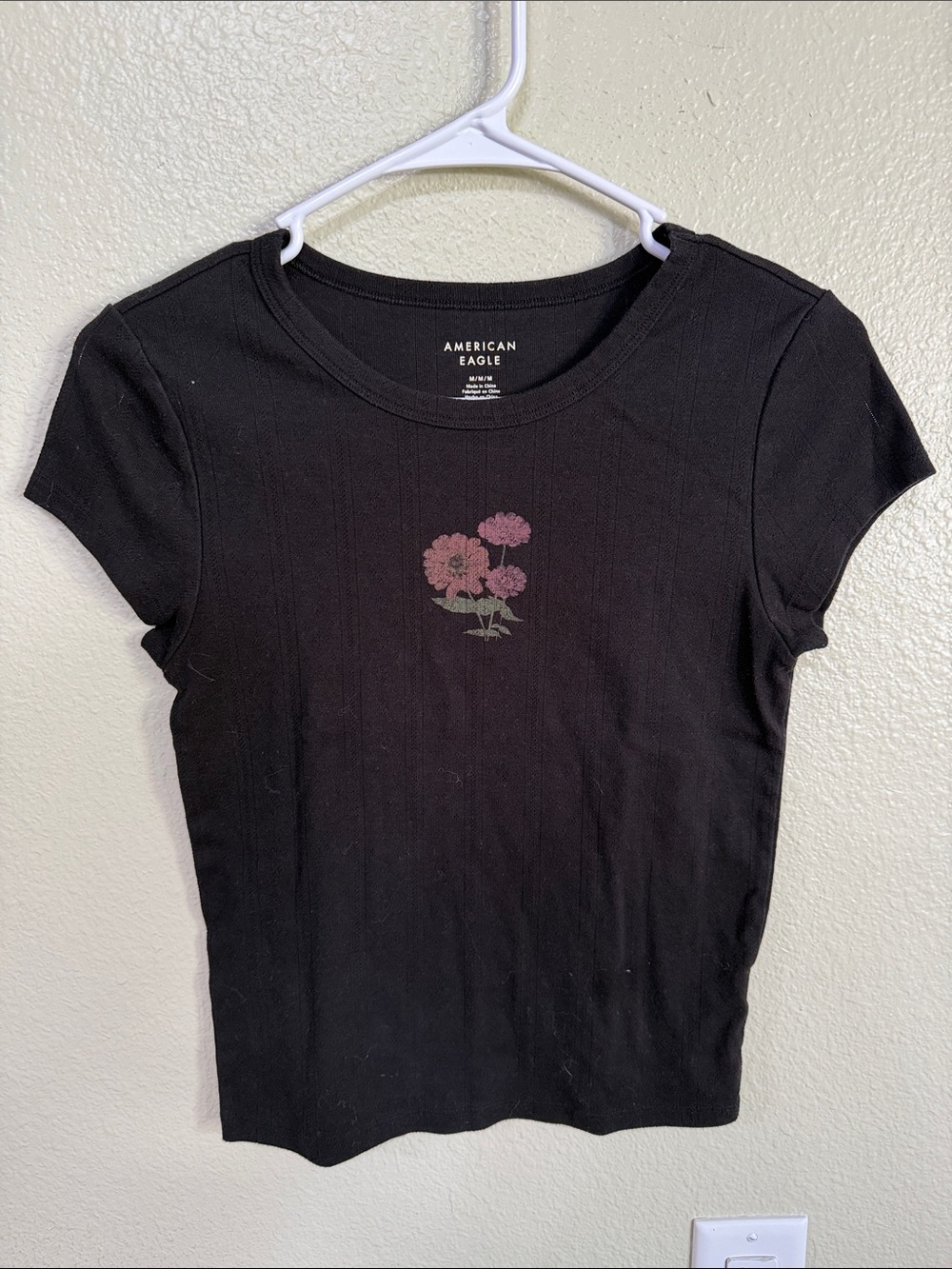 American Eagle Outfitters Black Ribbed Tee with Pink Floral Graphic